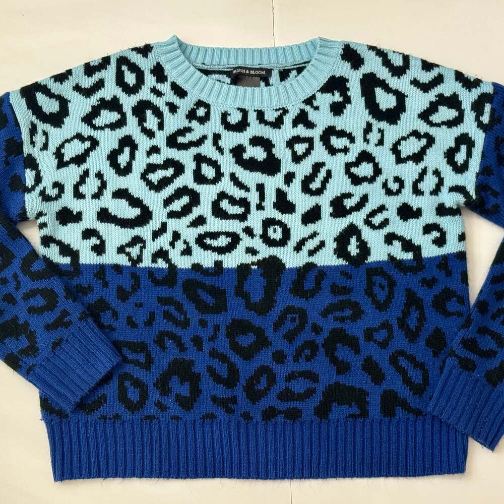 Blush & Bloom Animal Print Sweater Women's Blue Color Block Cheetah XS